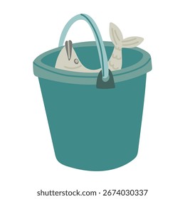 Bucket with fish. Flat isolated color illustration. Camping item. Plastic bucket with a handle, fish inside. Catch from fishing for grilling or fish soup. Design for postcards. Picnics, hikes, camping