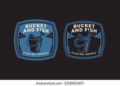 bucket of fish, kibble with freshwater fish retro badge logo design set. pail with minnow vintage emblem logo collection for fisherman, fishing gear, sport and competition