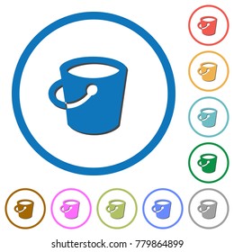 Bucket flat color vector icons with shadows in round outlines on white background
