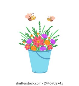 bucket with flowers and bees. Vector Illustration for printing, backgrounds, covers and packaging. Image can be used for greeting cards, posters, stickers and textile. Isolated on white background.