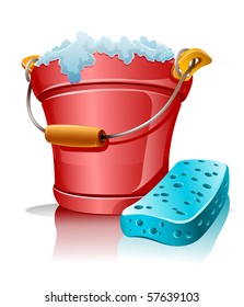 bucket with foam and bath sponge vector illustration