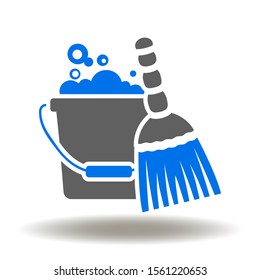 Bucket foam with bubble broom icon vector. Cleaning equipment logo. Wash work illustration.