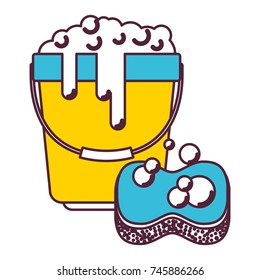 bucket with foam detergent and sponge in color sections silhouette vector illustration