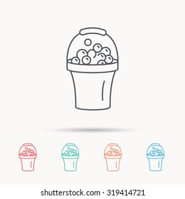 Bucket with foam icon. Soapy cleaning sign. Linear icons on white background. Vector