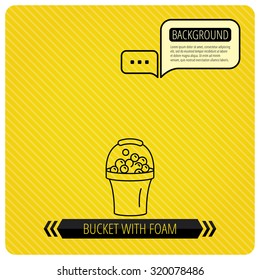Bucket with foam icon. Soapy cleaning sign. Chat speech bubbles. Orange line background. Vector