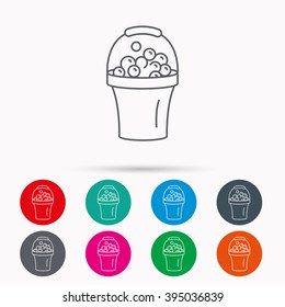 Bucket with foam icon. Soapy cleaning sign. Linear icons in circles on white background.