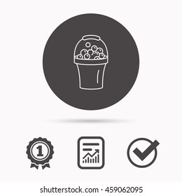 Bucket with foam icon. Soapy cleaning sign. Report document, winner award and tick. Round circle button with icon. Vector