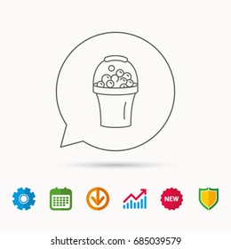 Bucket with foam icon. Soapy cleaning sign. Calendar, Graph chart and Cogwheel signs. Download and Shield web icons. Vector