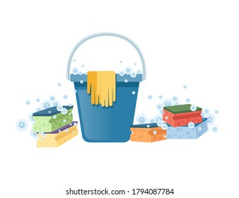 Bucket with foam sponges and chemical bottles cleaning tools households equipment flat vector illustration on white background