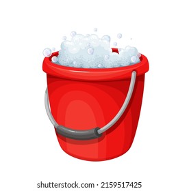 Bucket with foamy water color vector illustration. House cleaning and floor washing liquid with bubbles in cartoon style, isolated