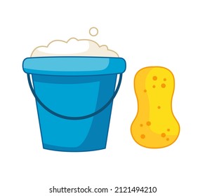A bucket of foamy water and a sponge for washing windows, cleaning and cleaning the floor. Cleaning equipment. Vector illustration in cartoon childish style with outline. Isolated funny clipart. cute 