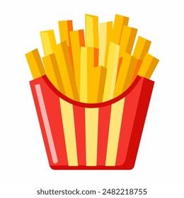 A bucket of french fries in a red and yellow striped container