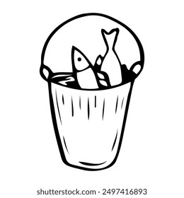 Bucket with fresh caught fish is hand drawn in doodle style. Fishing catch. Vector line art illustration.