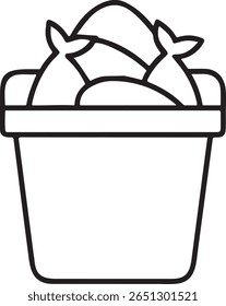 Bucket With Freshly Caught Fish Black Icon, Editable Storage Container, Fishing Theme, Clean Flat Vector Design, Minimalist Style