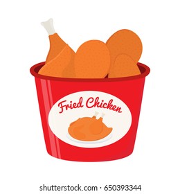 Bucket of fried chicken, tasty fast food. Whole meat, made in cartoon flat style.