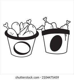 Bucket Of Fried Chicken Vector Illustration With Hand Drawn Style Fried Chicken Doodle, outline illustration