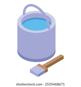 Bucket full of blue dye with brush for renovation and painting works isometric view