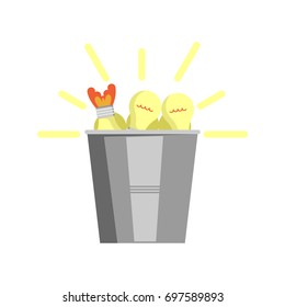 Bucket full of light bulbs icon. Idea generation and business realization vector illustration in flat design.