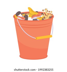 Bucket with gathered assorted mushrooms flat icon vector illustration