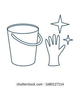 Bucket and gloves with glitter of purity stars on a white background in isolation. Vector web outline thin line illustration linear with editable stroke.