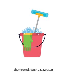 Bucket with gloves and mop. Cleaning tools - Vector