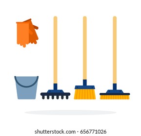 Bucket, gloves, rake and brushes for cleaning vector flat material design isolated on white