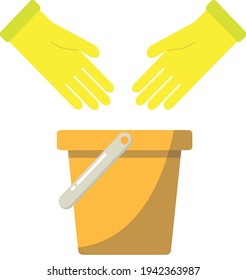 Bucket. Gloves. Room cleaning. Drawing in flat design.