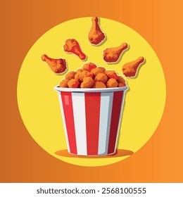 Bucket of golden fried chicken pieces, ideal fast food logo or menu illustration, perfect for takeaway and restaurant branding