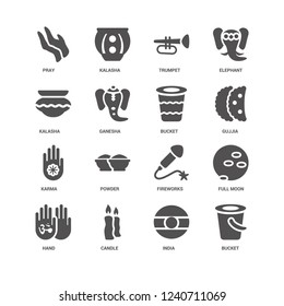 Bucket, Gujjia, Hand, Full moon, Pray, Kalasha, Karma, India, Candle, Trumpet icon 16 set EPS 10 vector format. Icons optimized for both large and small resolutions.