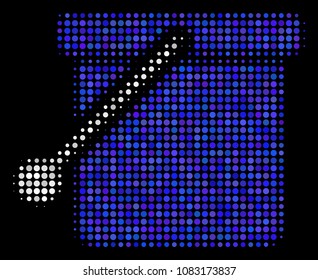 Bucket halftone vector icon. Illustration style is dotted iconic bucket symbol on a black background. Halftone matrix is constructed of spheric items.