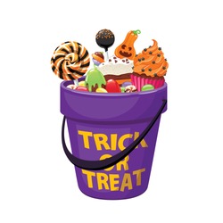 Bucket With Halloween Sweets And Candies. Holiday Vector Illustration.