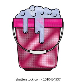 bucket with handle and full of water and soap detergent in colored crayon silhouette