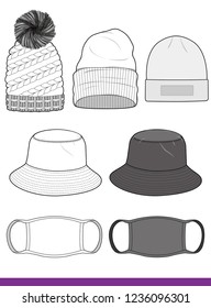 Bucket hat Beanie Mask set Fashion flat technical drawing vector template 