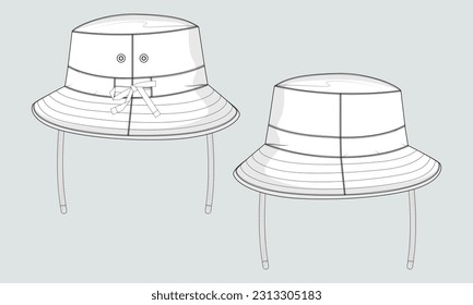 Bucket Hat cap technical drawing fashion flat sketch vector illustration template front and back views