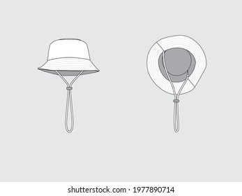 bucket hat with chin strap, front and back, drawing technical flat sketches of garments with vector illustration.