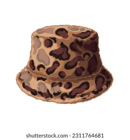 Bucket hat for cold weather vector illustration. Cartoon isolated fashion cap design with fur for winter or autumn, casual warm female furry hat, trendy accessory and clothing for head of stylish girl
