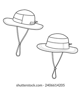 Bucket hat with cord and stopper toggle template. Sun hat. Adventure hat. Illustration isolated on a white background.