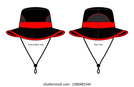 Bucket Hat Design Vector With Black/Red Colors And Rope Stopper.Front,Back And Side Views.Views.