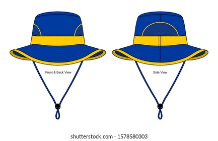 Bucket Hat Design Vector With Blue/Yellow Colors And Rope Stopper.Front,Back And Side Views.