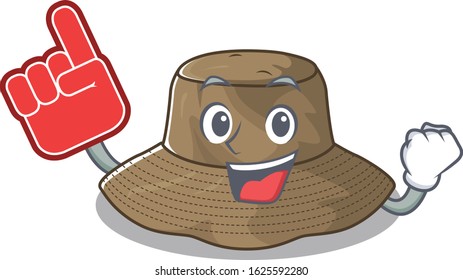 Bucket hat mascot cartoon style holding a Foam finger