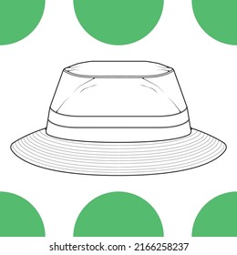 Bucket Hat Outline Drawing Vector, Bucket Hat In A Sketch Style, Trainers Template Outline, Vector Illustration.
