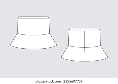 Bucket hat, panama hat template isolated on a grey background. Front and back view. Outline fashion technical sketch of accessories model.