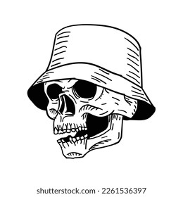 bucket hat skull line drawing graphic