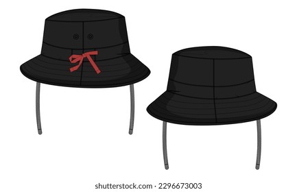 Bucket hat Technical drawing fashion flat sketch vector illustration black Color template front and back views isolated on white background