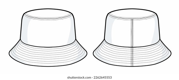 Bucket hat technical fashion illustration. hat template vector illustration. front and back view. white colour. CAD mock-up.
