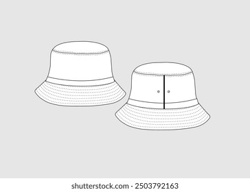 Bucket Hat Technical Fashion Illustration Hat Template Vector Illustration Front Back View Bucket Hat CAD Mock-up Bucket Hat Flat Sketch Fashion Illustration