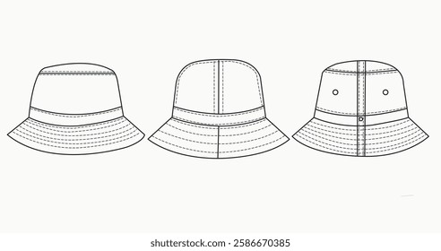 Bucket hat technical fashion illustration. hat template vector illustration. front and back view. white colour. CAD mock-up.