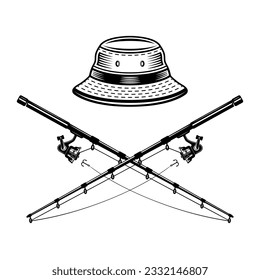 Bucket hat and two crossed fishing rods vector monochrome style illustration on graphic objects isolated on white background