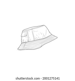 Bucket hat vector outline with pocket detail, casual streetwear accessory illustration for fashion design template.