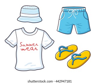 Bucket hat, white t-shirt, blue shorts, yellow flip-flops thongs slippers, summer wear icons set isolated.